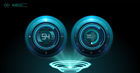Poster - Virtual reality. Futuristic VR head-up display design. Sci-Fi helmet HUD, GUI,UI. Futuristic display with data, speedometer and statistics panel. Cockpit of futuristic autonomous car. High tech screen