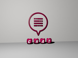 Poster - chat 3D icon on the wall and text of cubic alphabets on the floor, 3D illustration for communication and business
