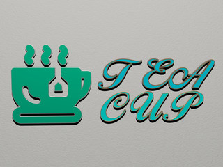 Wall Mural - 3D representation of TEA CUP with icon on the wall and text arranged by metallic cubic letters on a mirror floor for concept meaning and slideshow presentation for background and illustration