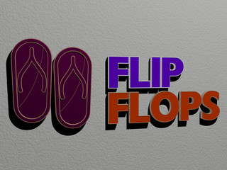 Poster - 3D representation of flip flops with icon on the wall and text arranged by metallic cubic letters on a mirror floor for concept meaning and slideshow presentation for illustration and background