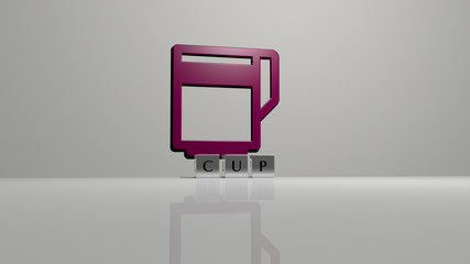Poster - CUP text of cubic dice letters on the floor and 3D icon on the wall, 3D illustration for coffee and background