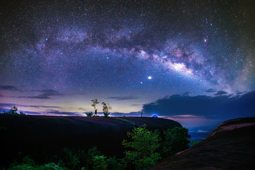 Wall Mural - milky way galaxy on three whales rock, phu sing, bueng kan, thailand,long exposure photograph, with 