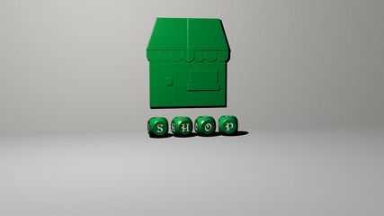 Leinwandbilder - SHOP 3D icon on the wall and text of cubic alphabets on the floor, 3D illustration for background and business