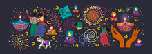 Happy Diwali. Indian Festival Of Lights. Vector Abstract Flat Illustration For The Holiday, Lights, Hands,  Indian People, Woman And Other Objects For Background Or Poster.  
