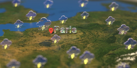 stormy weather icons near paris city on the map, weather forecast related 3d rendering