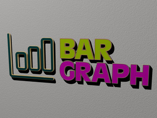Poster - 3D representation of BAR GRAPH with icon on the wall and text arranged by metallic cubic letters on a mirror floor for concept meaning and slideshow presentation for background and illustration