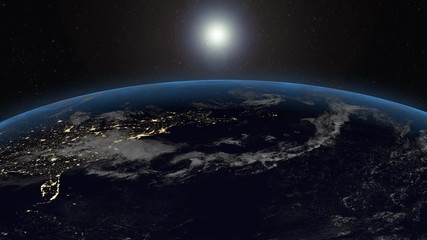 animation of the night to day transition on planet earth.a rotating earth with transition from day t