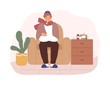 Illness guy sit on armchair with thermometer in mouth vector flat illustration. Male in scarf with fever or cold disease having influenza symptoms isolated. Man shivering with seasonal sickness