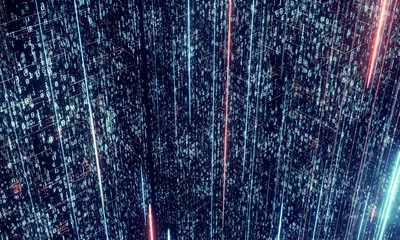3D Rendering of software program coding with abstract binary data. For deep machine learning, crypto currency, Big data visualization, Artificial intelligence 
