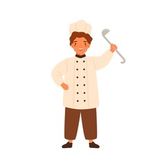 Wall Mural - Funny chief cook little boy holding ladle vector flat illustration. Cute cookery child standing in white uniform and cap isolated on white. Adorable kid smiling wearing chefs hat