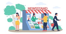 Street Newsstand With Saleswoman Selling Newspapers And Magazines, Man Buying And Woman Reading Fresh News, Press Or Journal, Vector Flat Illustration. Newspaper Stand Kiosk Concept.