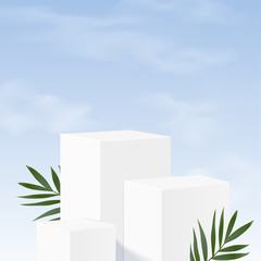 Wall Mural - minimal geometric, white marble podium in white background and leaves. product presentation, mockup,