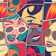 Retro Pop Art Girls Seamless Pattern Vector Background