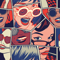 Retro Pop art girls Seamless pattern vector background