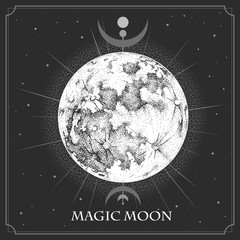 Wall Mural - Modern magic witchcraft card with astrology full moon. Realistic hand drawing illustration of moon