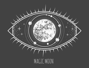 Wall Mural - modern magic witchcraft card with solar system and all-seeing eye. hand drawing occult moon illustra