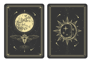 Wall Mural - modern magic witchcraft taros cards with butterfly and full moon. sun and moon with human face. vect
