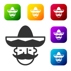 Wall Mural - Black Mexican man wearing sombrero icon isolated on white background. Hispanic man with a mustache. Set icons in color square buttons. Vector.