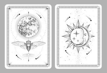Wall Mural - Modern magic witchcraft taros cards with butterfly and full moon. Sun and moon with human face. Vector illustration