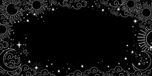 A Mystical Heavenly Black Banner With Copy Space, Moon, Sun, And Stars. Space Background With Place For Text. Blank For Astrology, Fortune-telling, Boho Parties. Vector Illustration