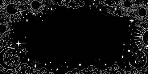 Wall Mural - A mystical heavenly black banner with copy space, moon, sun, and stars. Space background with place for text. Blank for astrology, fortune-telling, boho parties. Vector illustration