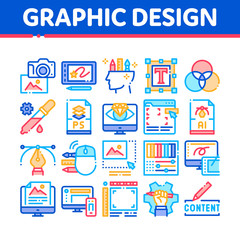 Poster - Graphic Design And Creativity Icons Set Vector. Photo Camera And Tablet For Design, Computer Application For Drawing And Painting Concept Linear Pictograms. Color Contour Illustrations