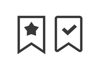 Poster - Bookmark vector icon line outline art label element design isolated symbol, book mark starred and checked ui tag pictogram black and white
