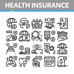 Canvas Print - Health Insurance Care Collection Icons Set Vector. Medical Insurance Agreement And Healthcare Service, Ambulance Car And Hospital Ward Concept Linear Pictograms. Monochrome Contour Illustrations