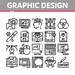 Poster - Graphic Design And Creativity Icons Set Vector. Photo Camera And Tablet For Design, Computer Application For Drawing And Painting Concept Linear Pictograms. Monochrome Contour Illustrations