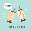 Banner for popular taiwanese bubble milk tea. Two take away glasses with pearl milk tea and brown sugar syrup bubble tea. With playful capture Yum and title. Advertisement. Vector illustration.