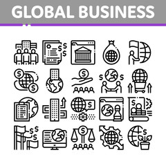 Sticker - Global Business Finance Strategy Icons Set Vector. International And Worldwide Business, Businesspeople Team And Agreement Concept Linear Pictograms. Monochrome Contour Illustrations