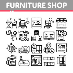 Poster - Furniture Shop Market Collection Icons Set Vector. Furniture Table And Chair For Cafe, Couch And Bed, Internet Store And Catalog Concept Linear Pictograms. Monochrome Contour Illustrations