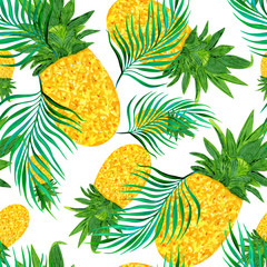 beautiful watercolor palm branches and pineapples on white background seamless tropical pattern
