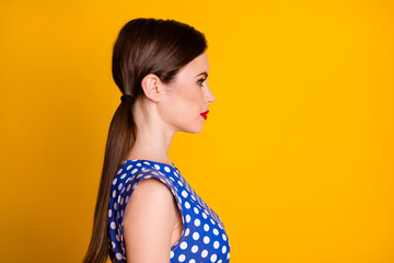 Sticker - Close-up profile side view portrait of her she nice attractive pretty lovely winsome lovable content girlfriend isolated on bright vivid shine vibrant yellow color background