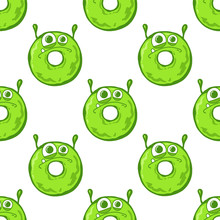 Seamless Pattern With Glazed Monsters Donuts, Vector Illustration