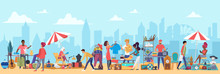 People In Flea Market Vector Illustration. Cartoon Flat Man Woman Buyer Characters Shopping Second Hand Clothes On Garage Sale, Vendors Sell Vintage Furniture, Jewelry In Bazaar Marketplace Background