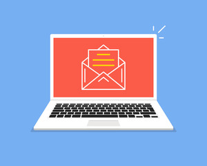Poster - Laptop with open email on screen. Email marketing, internet advertising concepts. Vector illustration.