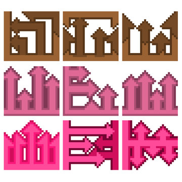 A set of nine pixel illustrations of various geometric shapes and directional arrows.