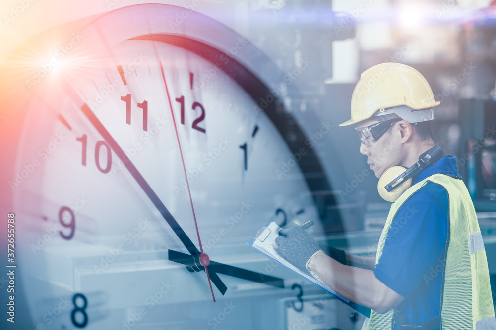 Engineer worker looking service check list in factory overlay with time clock for working hours concept. - obrazy, fototapety, plakaty 