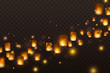 Lanterns isolated on transparent background. Diwali festival floating lamps. Vector indian paper flying lights with flame at night sky