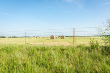 Rural Scene, Field With Haybales, Oklahoma.