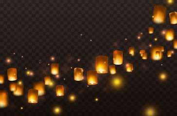 Wall Mural - Lanterns isolated on transparent background. Diwali festival floating lamps. Vector indian paper flying lights with flame at night sky