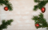 Fototapeta Nowy Jork - pine branch with decorations for the new year, white oak, space for text