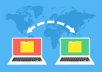 Poster - File transfer. Two laptops with folders on screen and transferred documents. Copy files, data exchange, backup, PC migration, file sharing concepts. Vector illustration.