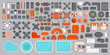 Outdoor furniture and patio items. (top view) Icons set. Tables, benches, chairs, sunbeds, paths, pool, swings, umbrellas. (view from above). Furniture store.