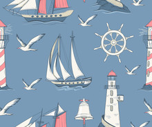 Seamless Pattern With Sailing Yachts And Nautical Equipment