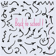 Poster - Back to school label, greeting card. Vector quote with arrow background, airplane.