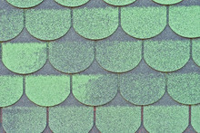 Flexible Tile Is Made Of Fiberglass Impregnated With Bitumen. Green Roof Texture Close Up.