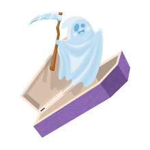 Cartoon Cute Halloween Ghost Fly Out The Coffin Holding Scythe. Vector Illustration.