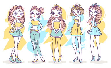 Vector illustration of beautiful girls in different pose and clothes.